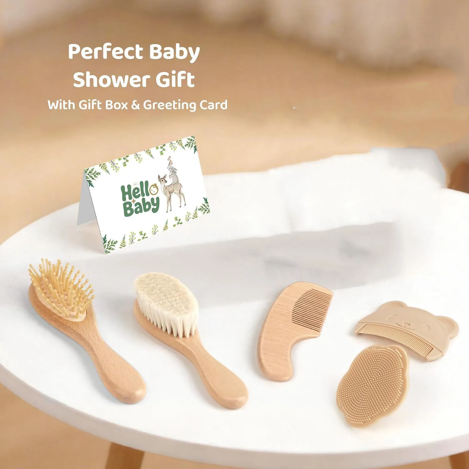 Baby Hair Brush Set, Wooden Brush and Comb Set with Soft Goat Hair Bristles, Cradle Cap Brush, Baby Essentials Grooming Kit