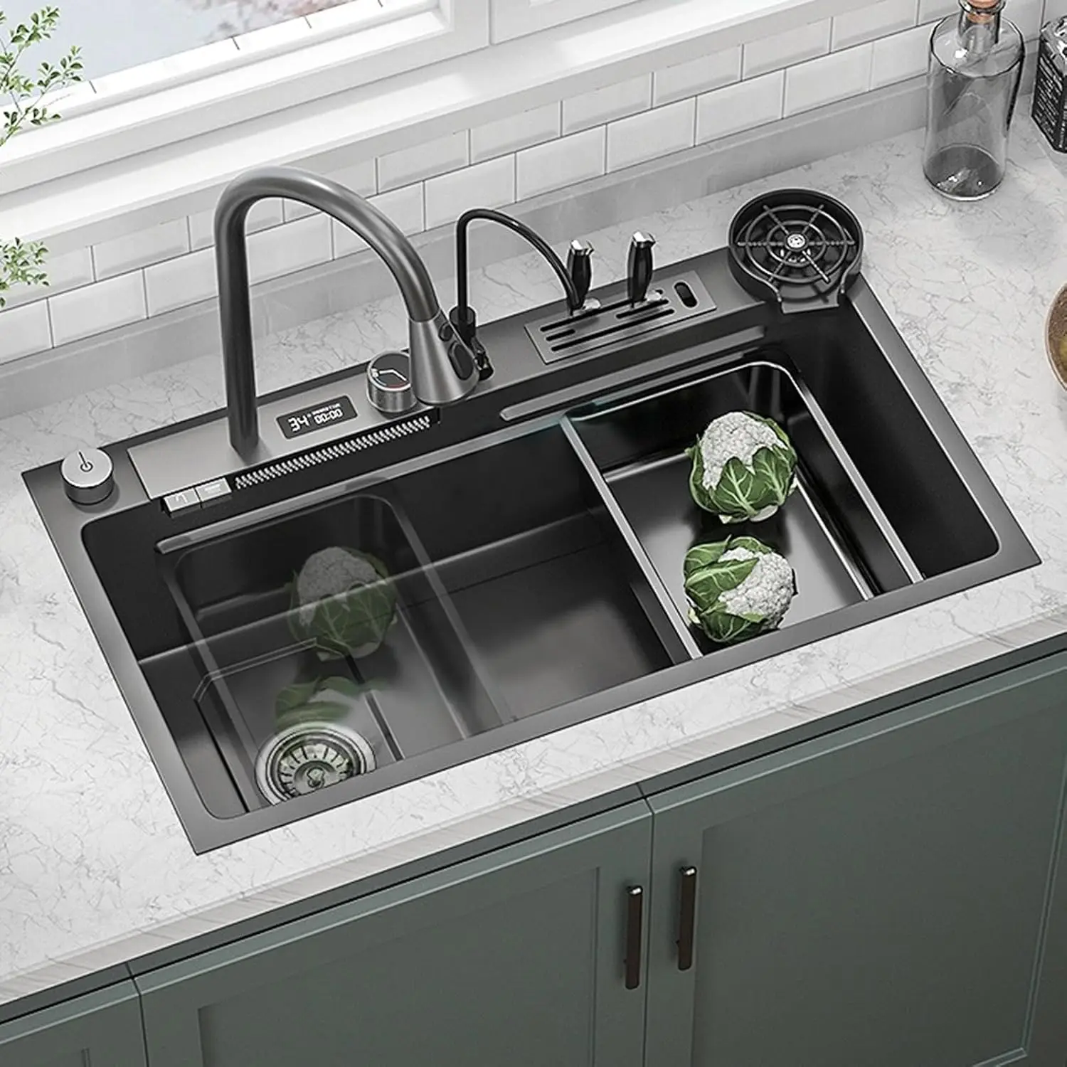 Stainless Steel Kitchen Sink Multifunction Smart LED Digital Display Waterfall Faucet Kitchen Sinks With Cup Washer