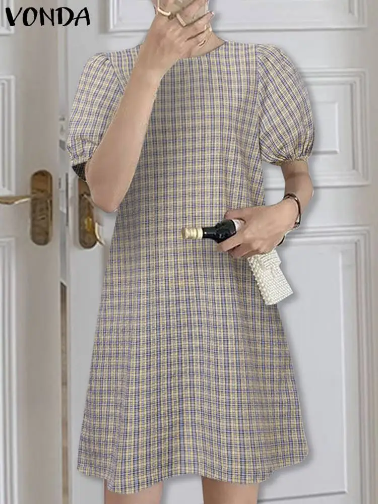 

2023 VONDA Summer Vintage Elegant Plaid Dress Women Bohemian Mini Sundress Short Sleeve Printed Fashion Casual Loose Vestidos