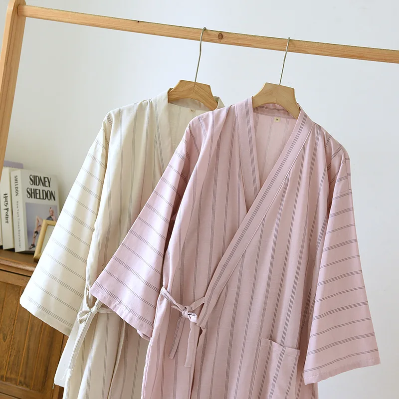 Spring Summer Women and Men Japanese Kimono Sleep Robe Gauze Cotton Couples Casual Striped Nightgown Home Pajama Robe