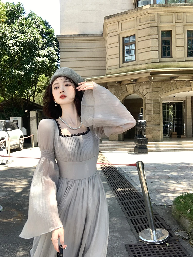 Autumn Princess Midi Dresses for Women Square Collar Flare Sleeve A-line Party Dress Slim Waist Korean One Piece Vestidos New