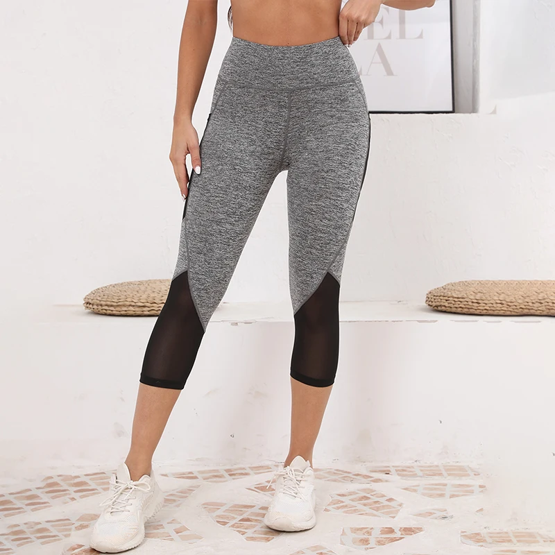 Mesh High Waist Yoga Pants Capri Leggings with Pockets for Women Tummy Control Workout Capri Leggings for Women
