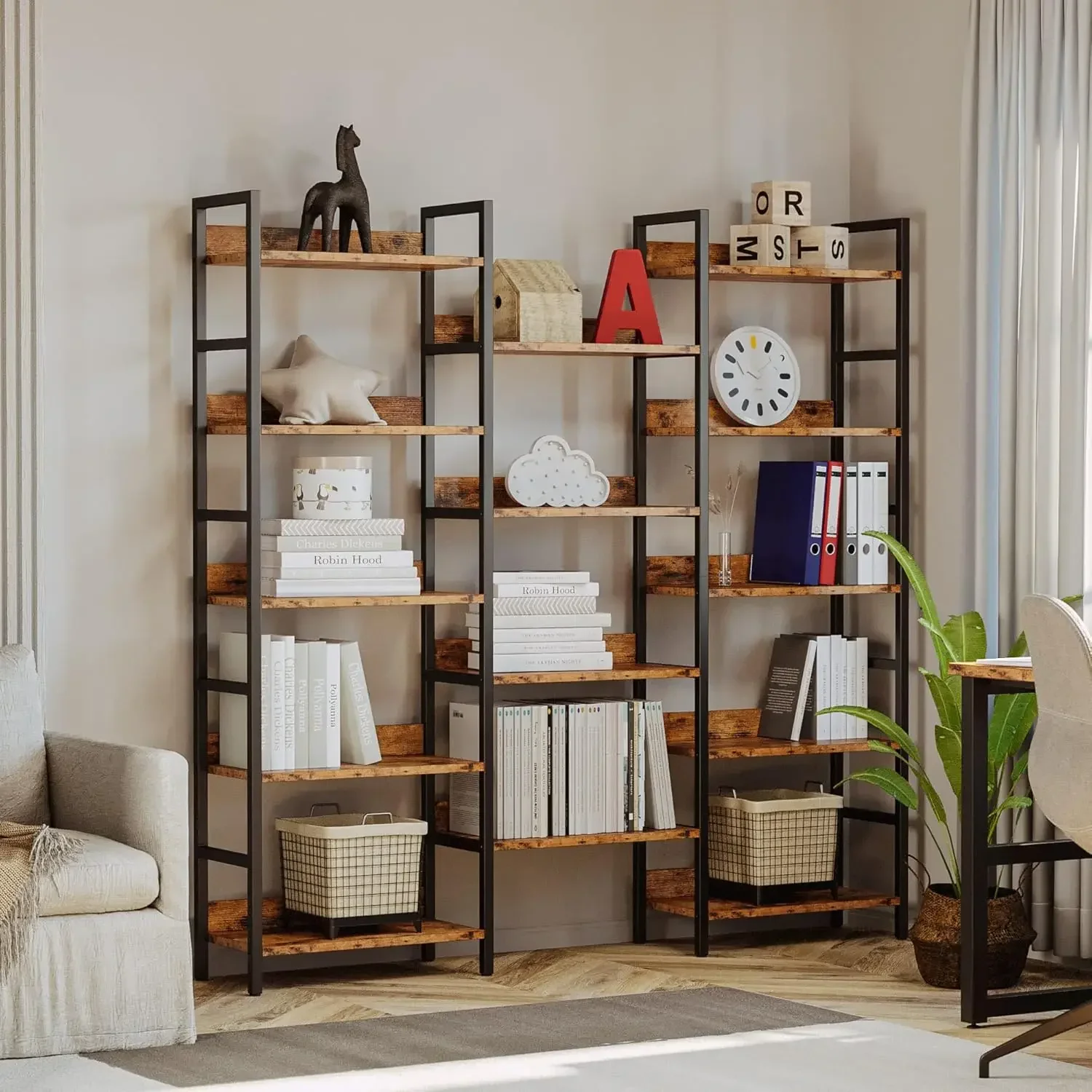 New2025-Bookcases and Bookshelves Triple Wide 5 Tiers Industrial Bookshelf with Baffles Large Etagere Bookshelf