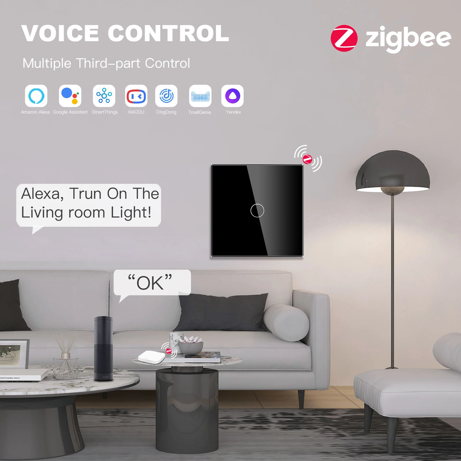 BSEED Zigbee Touch Switches 1/2/3Gang 1/2/3Way Smart Light Switch Wall Switches Tuya Control Smart Life APP Google Alexa Neutral