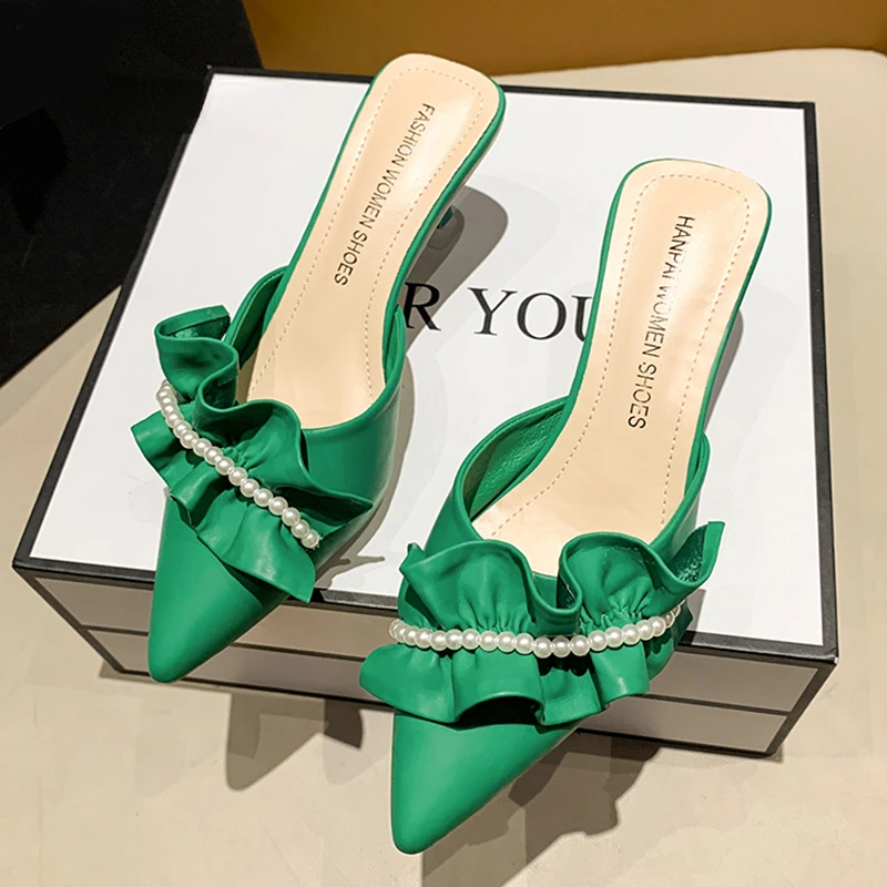 

Pearl High Heel Mules Shoes Women Slip On 2023 Trend Street Summer Green Pointed Toe Slippers Women Sandals Elegant Sexy Luxury