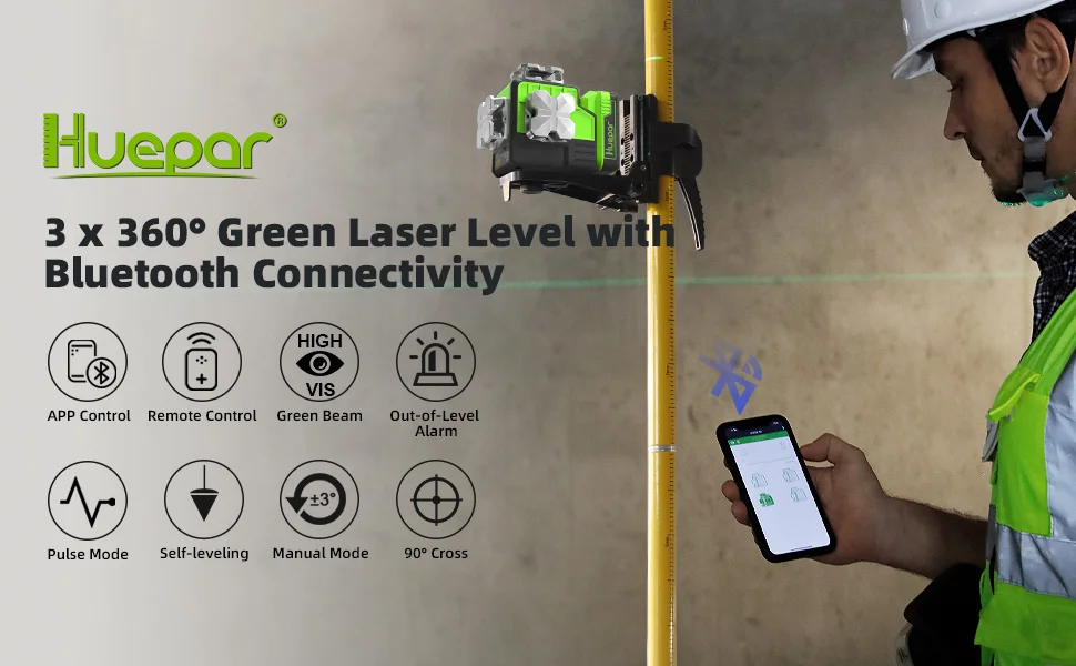 12 Lines 3D Green Laser Level with Remote, Bluetooth, Receiver/Tripod, Self-Leve