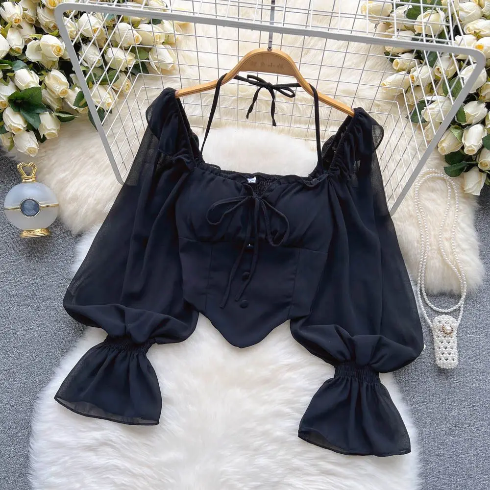White Blouses Women Aesthetic Solid All-match Vintage Casual Ladies Tops Slim Schoolgirls Spring Bandage Lantern Sleeve Clothing