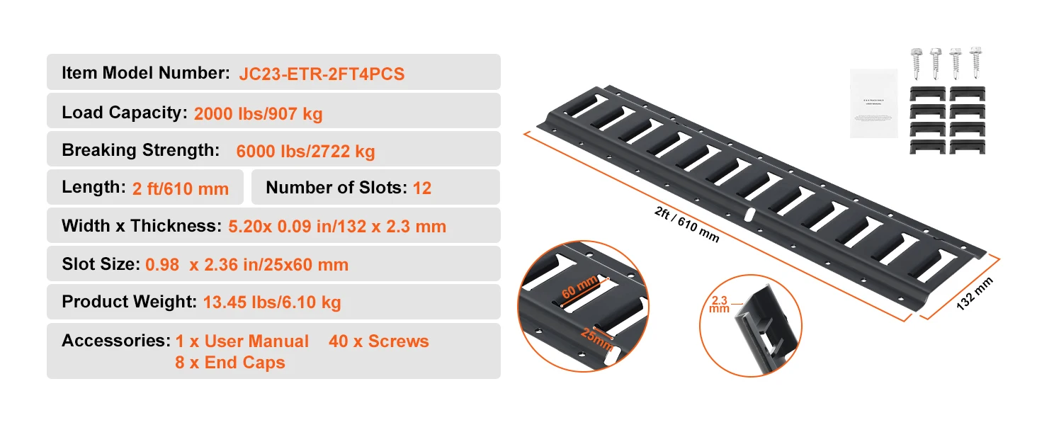 Rail E-track de 2 pieds