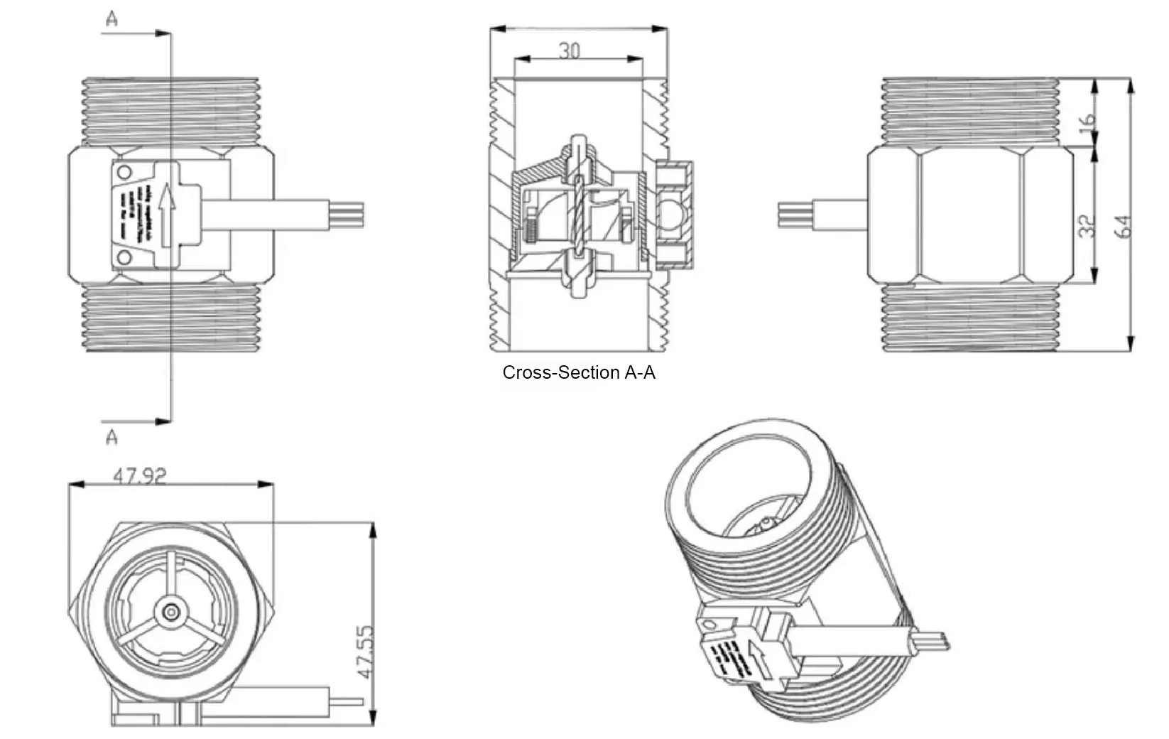 Water Flow Sensor Hall Effect Flow Meter Brass Valve Body Liquid Flow Rate Senso
