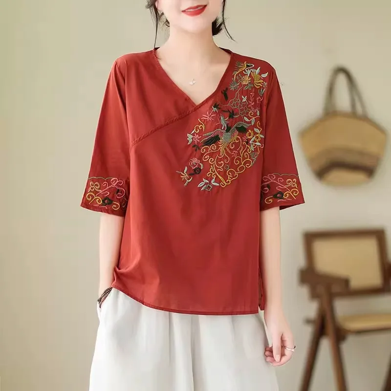 

Ethnic Style Women's 2024 Summer Pullover V-Neck Patchwork Embroidered Fashion Elegant Solid Loose Half Sleeve Blouses Shirts