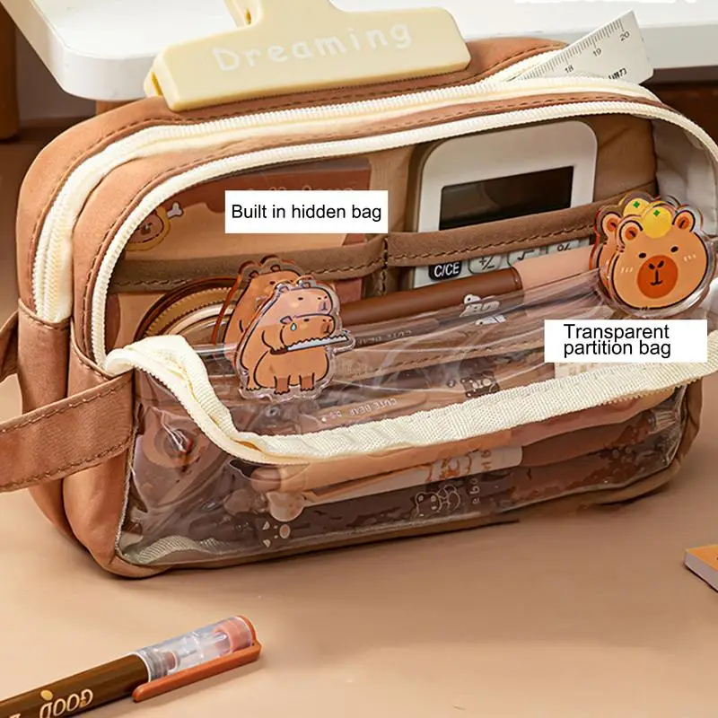 Aesthetic Clear Pencil Pouch pencil cases pen storage bag Capybara Large Capacity Pencil Pouch Large Capacity Multi-layers Pen Case Cute Workplace Stationery