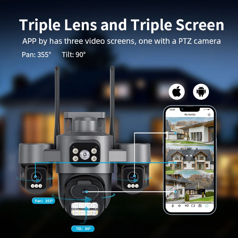 Three Screen Three Lens 15MP HD WIFI IP Camera 8MP Dual Lens Camera Auto Tracking IP66 Waterproof CCTV Video Security Cam iCsee 5