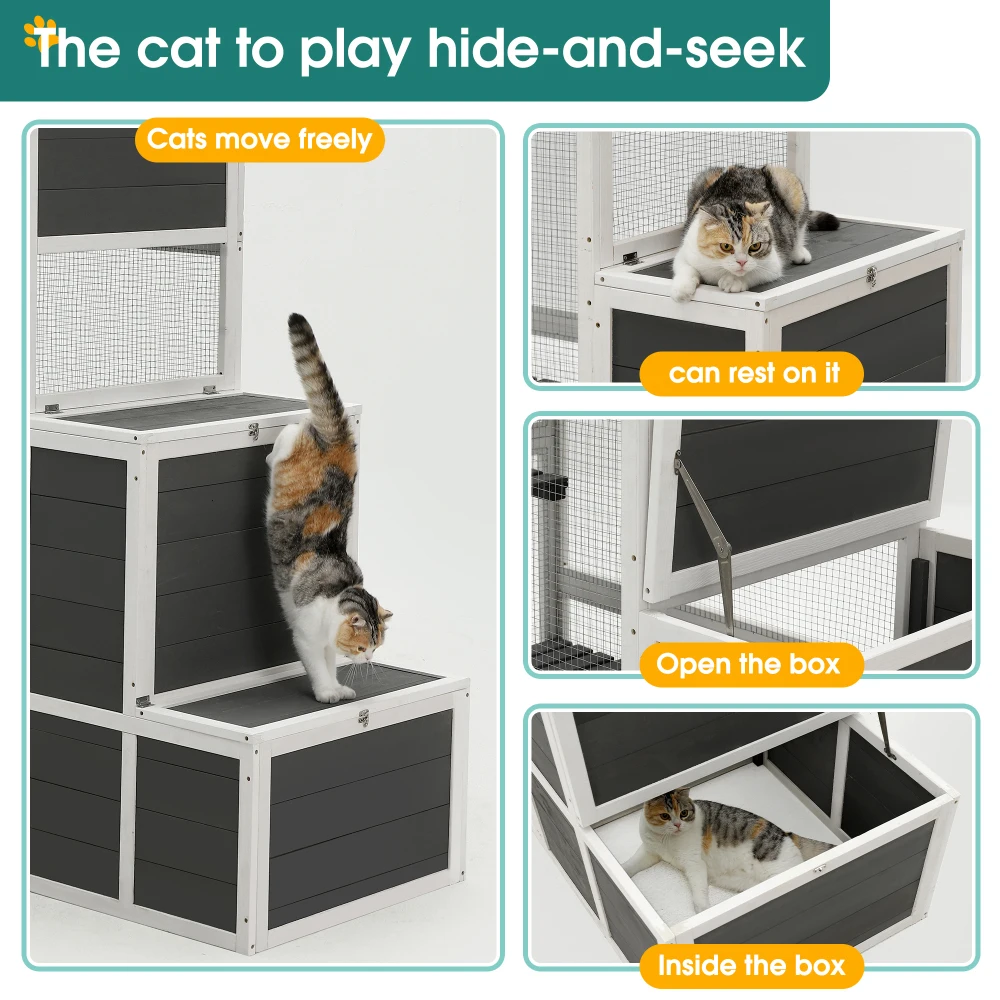 3-Tier Wooden Outdoor & Indoor Cat House Suitable for 1-3 Cats Cat Enclosure Resting Box with 4 Platforms and 2 doors