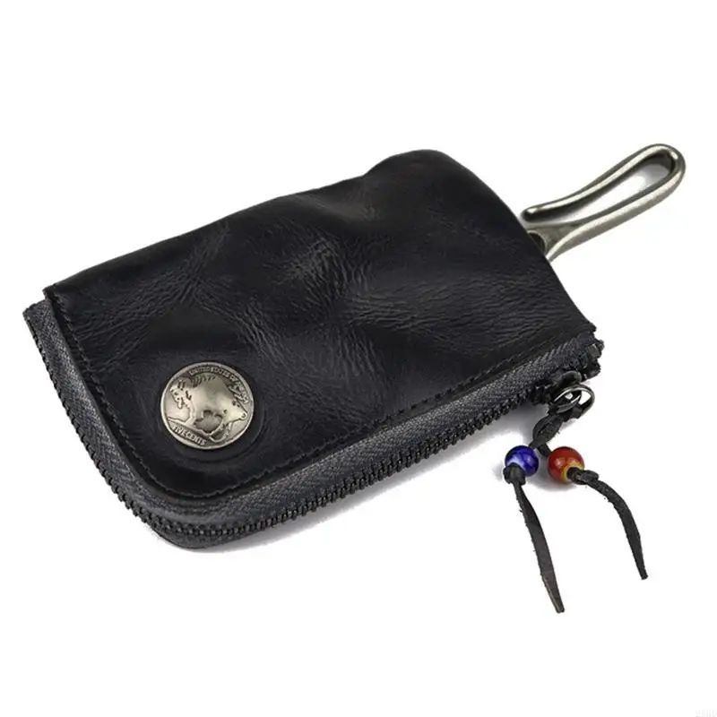 28GD Portable Leather for Key Wallet for Men Short Vintage Zipper Car Keys Holder Pur