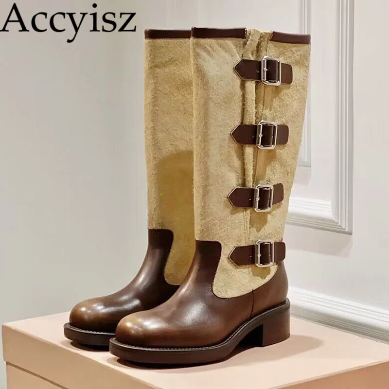 

New Vintage patchwork Thick Heel Knight Boots for Women's Spring and Autumn Fashion Belt Buckle Versatile Western Denim Boots