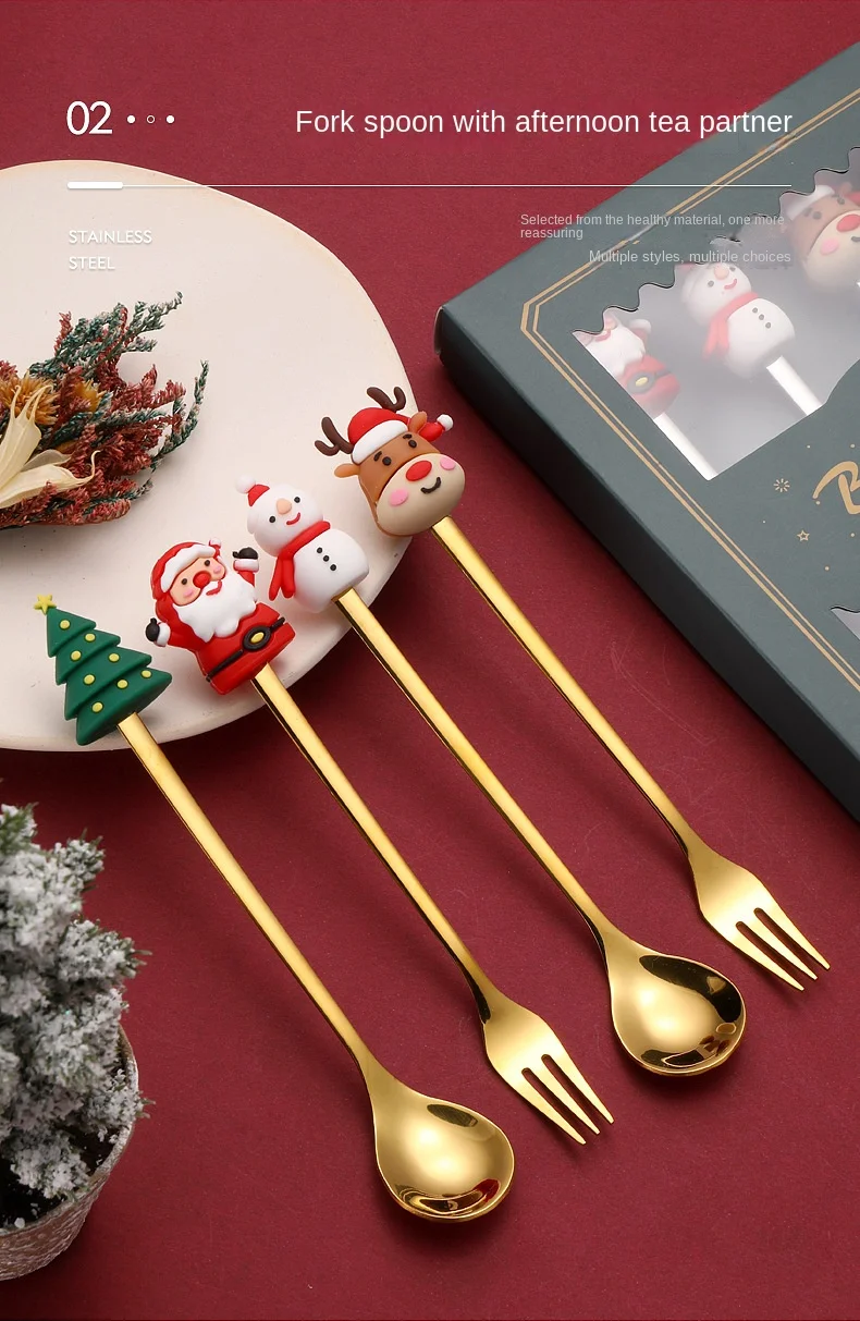 Description Picture 4 of item6/4/1PCS Christmas Gift Glod Spoon Fork Set Elk Christmas Tree Decoration Dessert Scoop Fruit Fork Coffee Spoon Cutlery Set