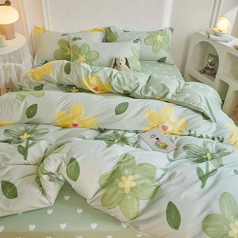 

INS Green Flowers Floral Bedding Set Bed Sheet Pillowcase Simple Duvet Cover Decor Home For Kids Girls Bedspread