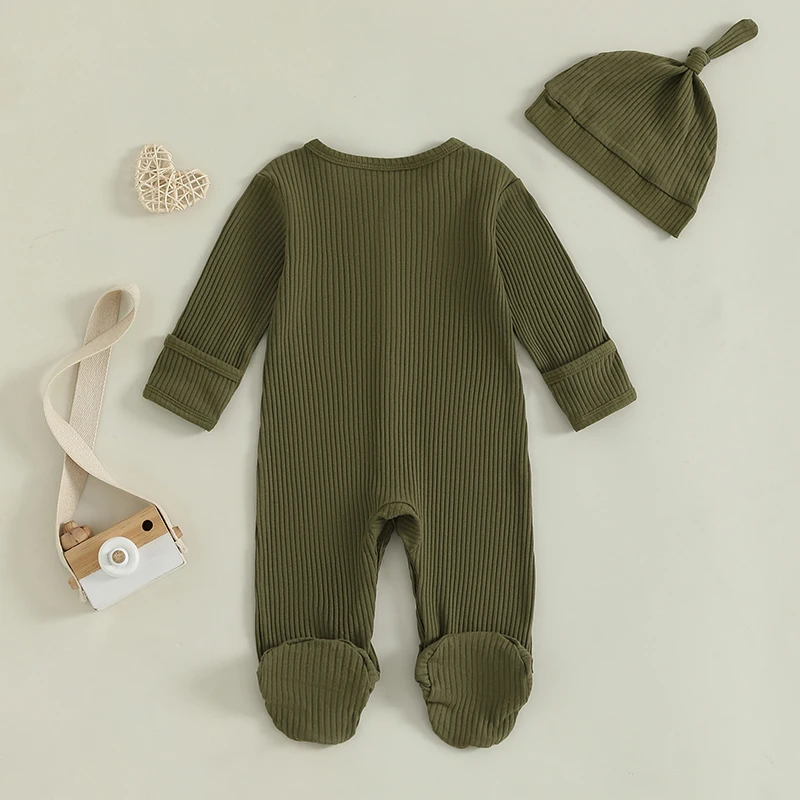 Baby Boy Footie Romper Casual Letter Print Long Sleeve Ribbed Jumpsuit with Cute Hat Set for Newborn Infant Fall Clothes