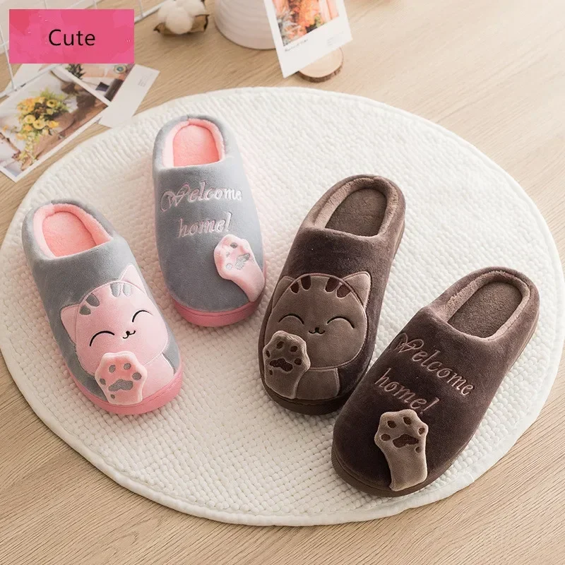 Cute Cartoon Cat Slippers Women Winter Warm Home Shoes Men Cozy Plush Slides Indoor Bedroom Non-Slip Floor Slipper Couple Shoes