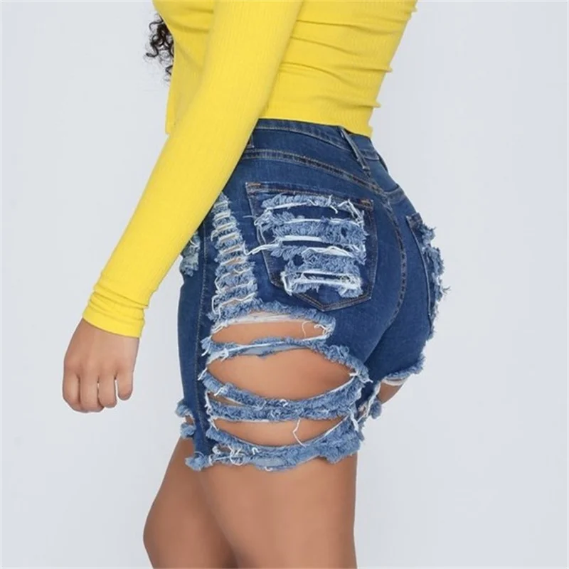 Fashion Broken Holes Hollow Out Denim Shorts Women New High Waist Stretch Three Quarter Pants Female Mini Jeans Trend Streetwear