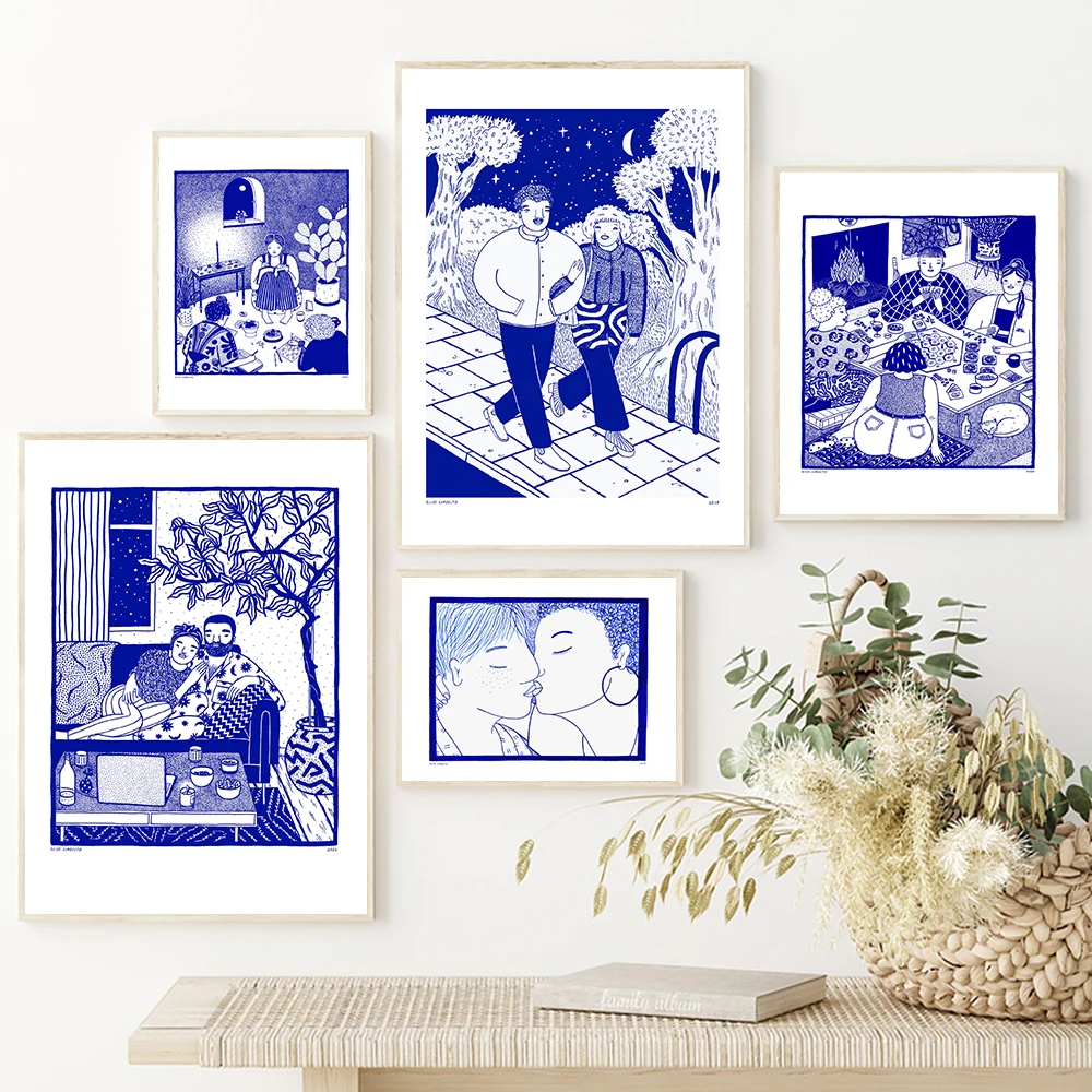 

Blue Picture Affectionate Living Art Poster Print Simplicity White Abstract Retro Canvas Painting Room Home Decor Nordic Refuge
