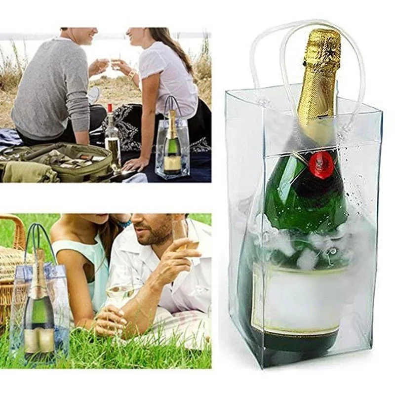 1Pc Pvc Leakproof Ice Bag Friendly Transparent Ice Pack Portable Bucket Wine Champagne Bottle Chiller With Carry Handle