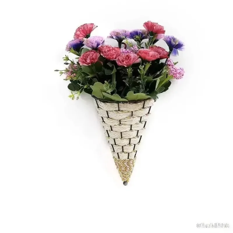 1Pcs Wall-mounted Wrought Iron Natural Wicker Flower Basket Vase Rattan Wall Hanging Pot Planter Rattan Vase Basket Decorative