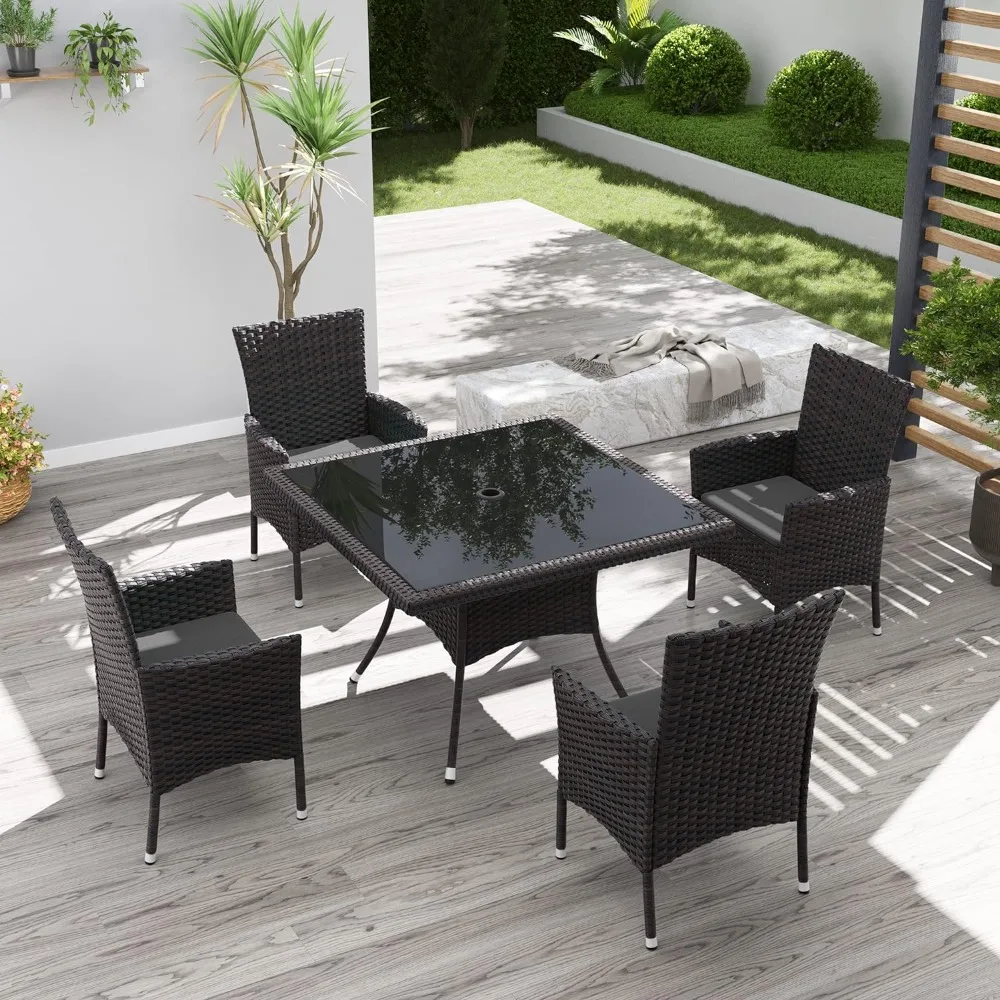 

5PCS Patio Outdoor Dining Set Grey Rattan Outdoor Furniture Terrace Garden Furniture Sets Dinning Tables Sets Table Chair Room