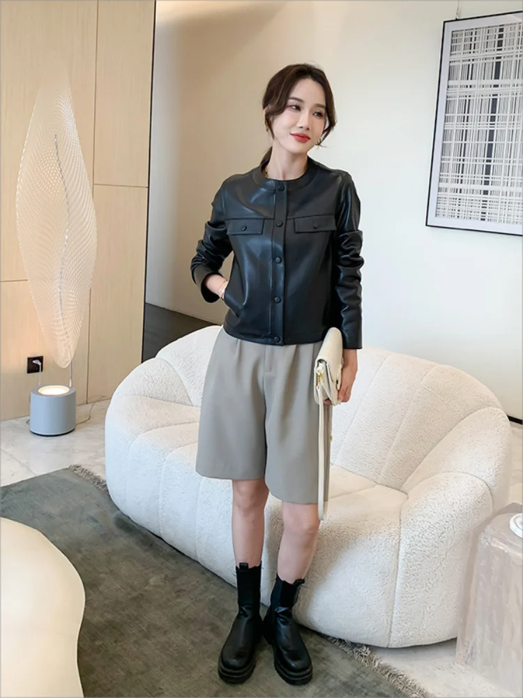 Women\'s Leather Jacket Spring Autumn Fashion Popular O-Neck Single-Breasted Invisible Pocket Short Slim White Sheepskin Ceketler