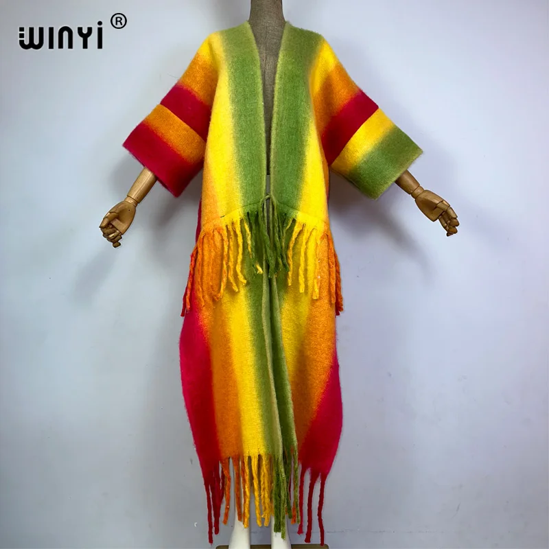 

Зимнее пальто WINYI для женщин с Африканским принтом в полоску с кисточками роскошное длинное меховое Свободное пальто толстое теплое длинное пуховое пальто модный кардиган