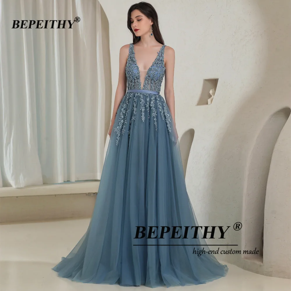 BEPEITHY Elegant V Neck Gray Blue Long Evening Dresses 2022 Party Sexy Backless Prom Gown Sleeveless Robe De Soiree For Women