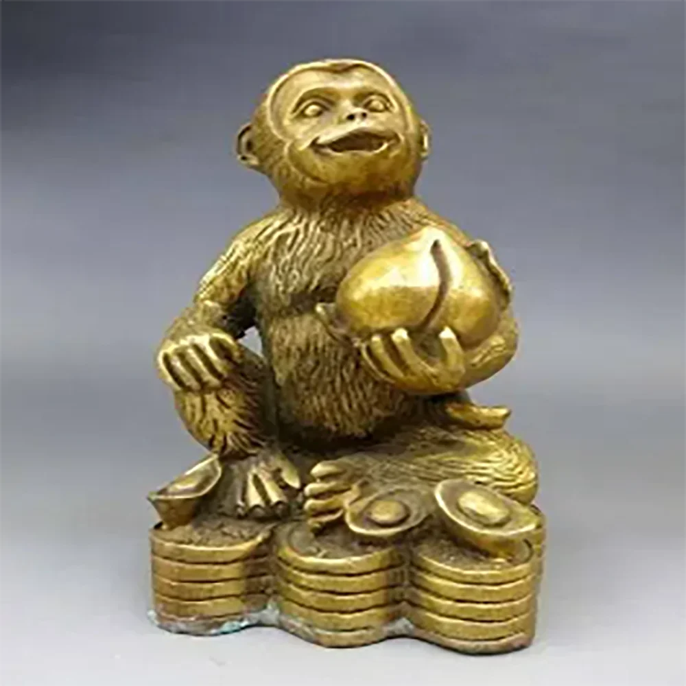 

china brass copper carved Feng Shui yuan bao Peach monkey Sculpture Statue