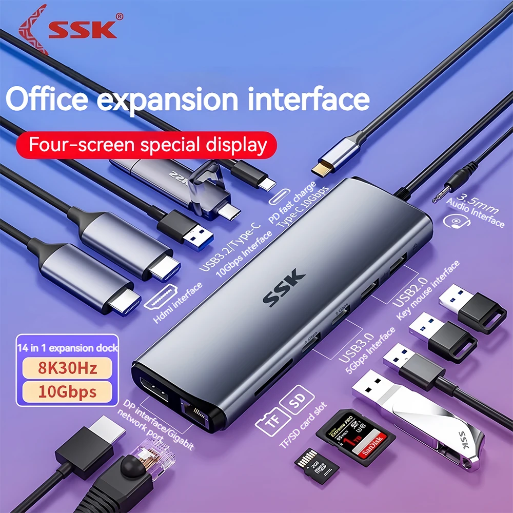 

SSK USB C Docking Station 14 in-1 HUB USB C to HDMI 8K 30HZ VGA RJ45 PD 100W SD TF For MacBook Pro Air M1 Laptop Dock USB HUB