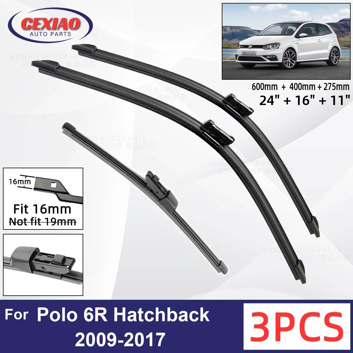 

For VW Polo 6R Hatchback 2009-2017 Car Front Rear Wiper Blades Soft Rubber Windscreen Wipers Auto Windshield 24"16"11" 2015 2016