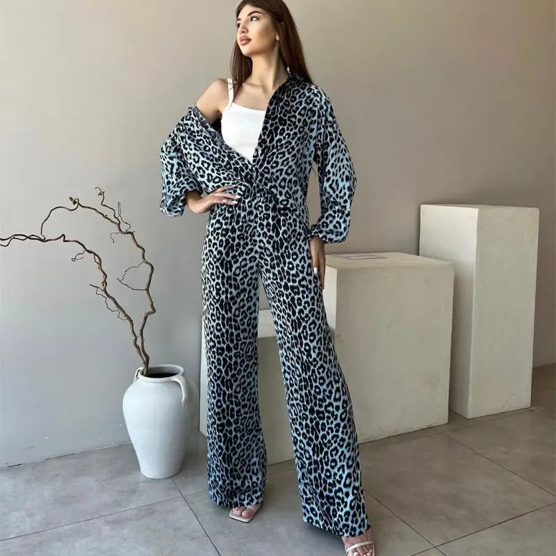 

2024 Boutique Elegant Women's Sets Fashion Leopard Printed Long Sleeved Shirt and High Waisted Straight Leg Pants Female Outfits