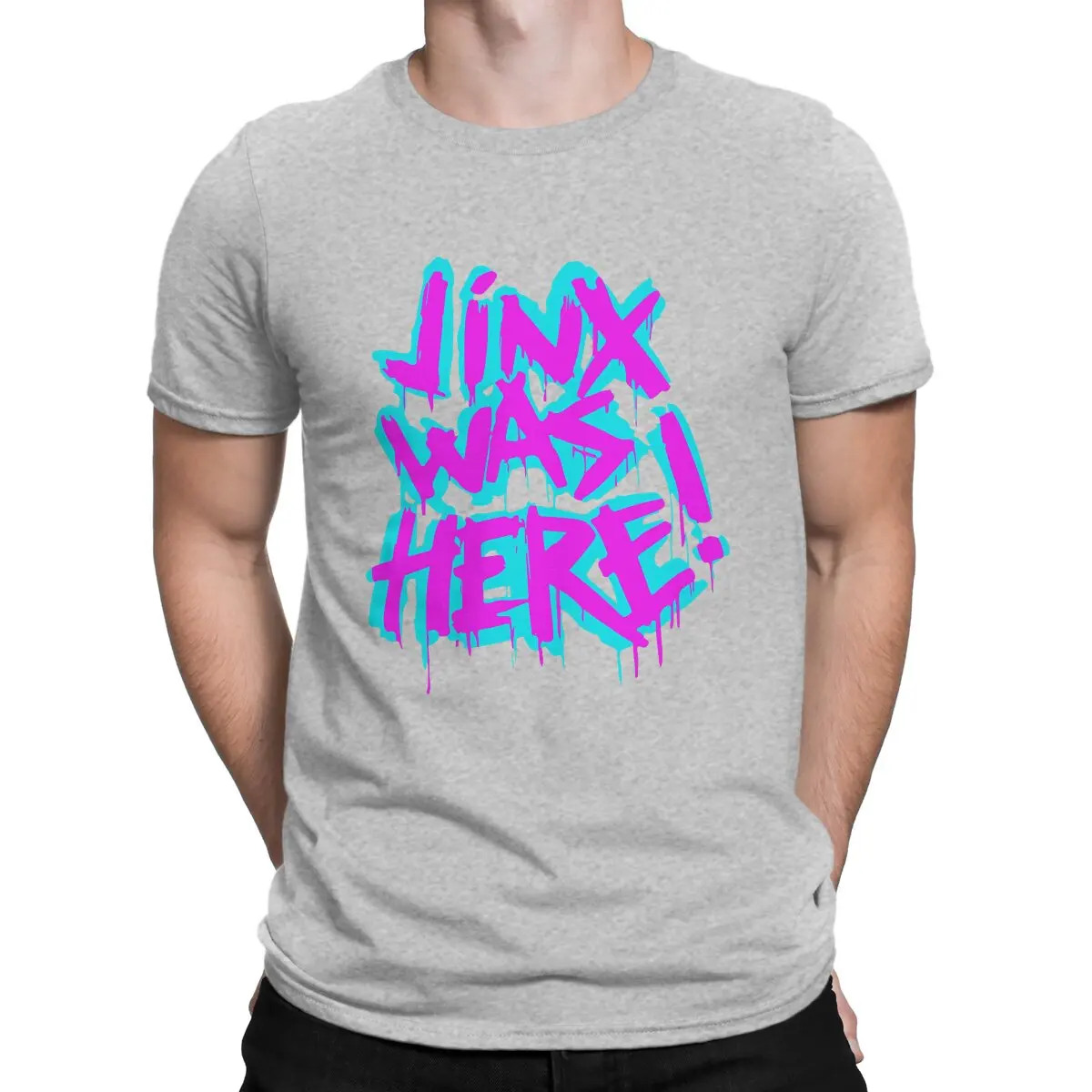 thumbnail image 1 of Camiseta genial para hombre con la frase "JINX WAS HERE", de Arcane League of Legends, de algodón, cuello redondo, gráfica., 1 of 7