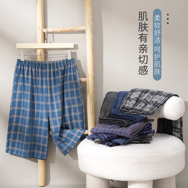 Pajama Pants Summer Cotton Plaid Adluts Home Loose Men&rsquo;s Sleep Bottom Elastic Waist Breathable Shorts