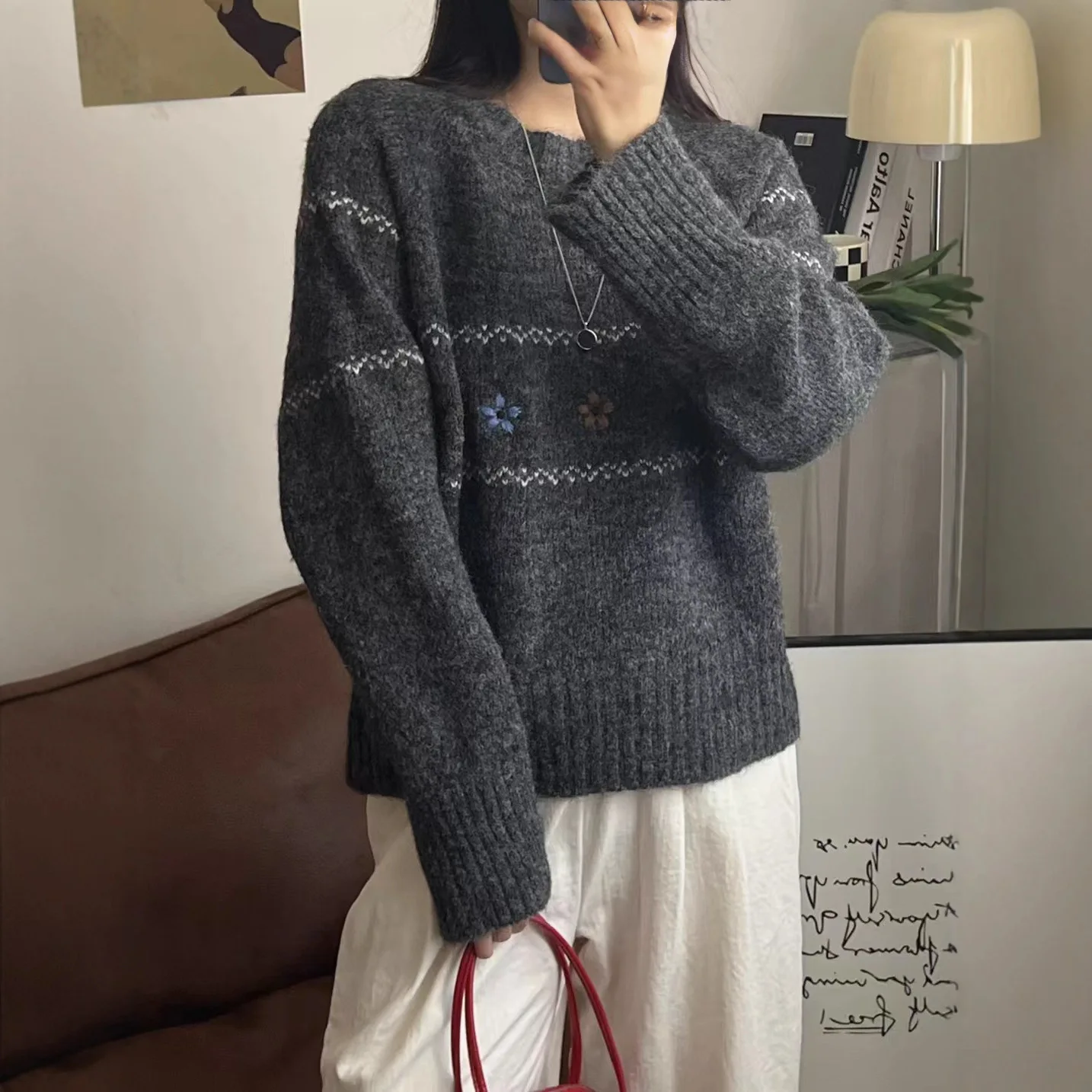 Women Floral Print Long Sleeve Sweater Casual Knitted Pullover