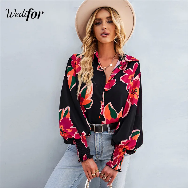 

Wedifor New Fashion Printed Women's Blouse Shirt Turn-down Collar Lantern Sleeve Casual Tops Elegant Streetwear Loose Clothes