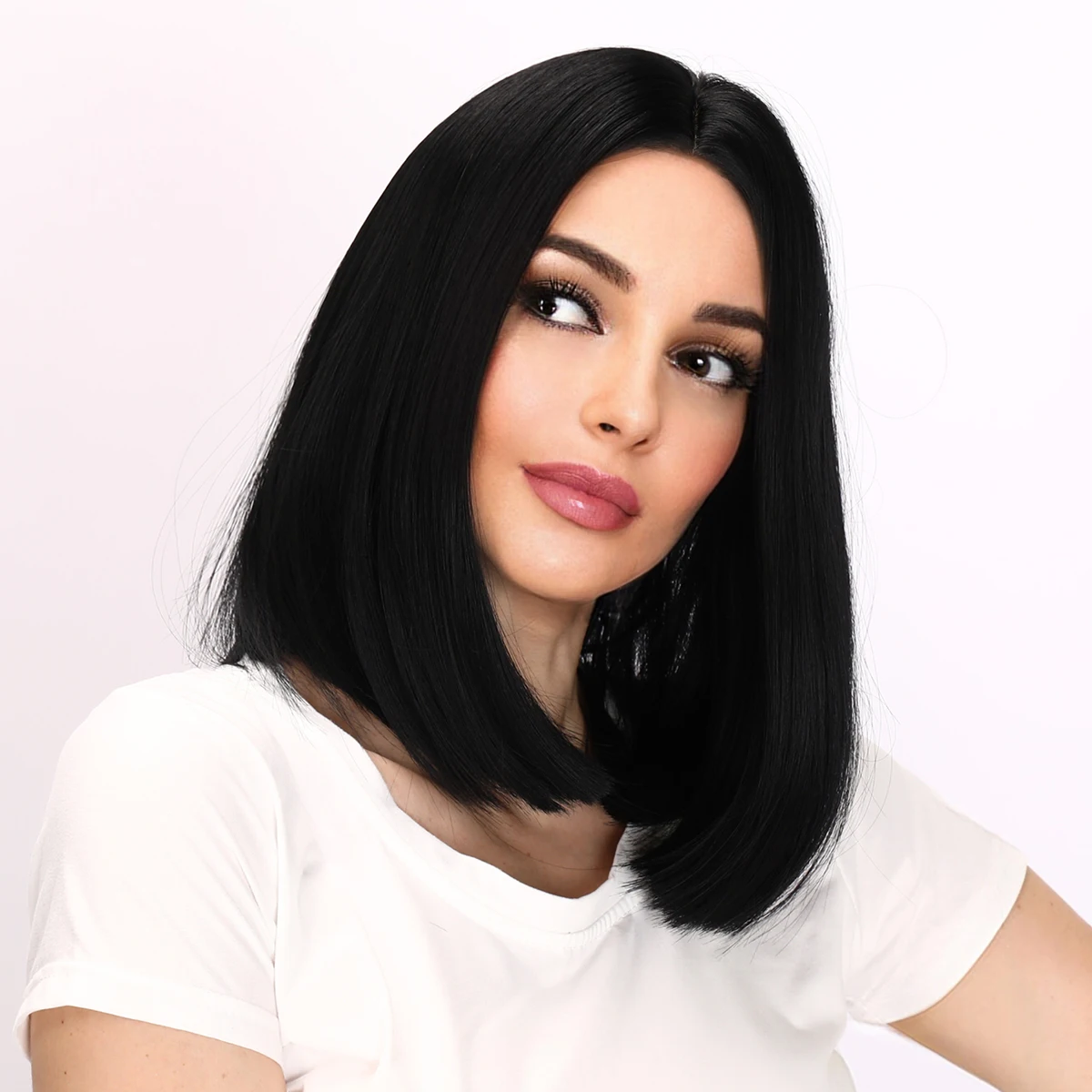 

Black Short Straight Natural Hairline Hair For Women Middle Part Bob Daily Cosplay Middle Part Heat Resistant Synthetic Wig