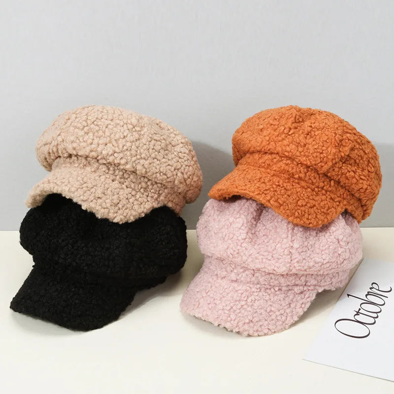 

New Autumn Winter Lamb Hair Fashion Berets Cap Men Women All-match Teddy Cashmere Octagonal Hat Snewsboy Hats Korean Peaked Caps