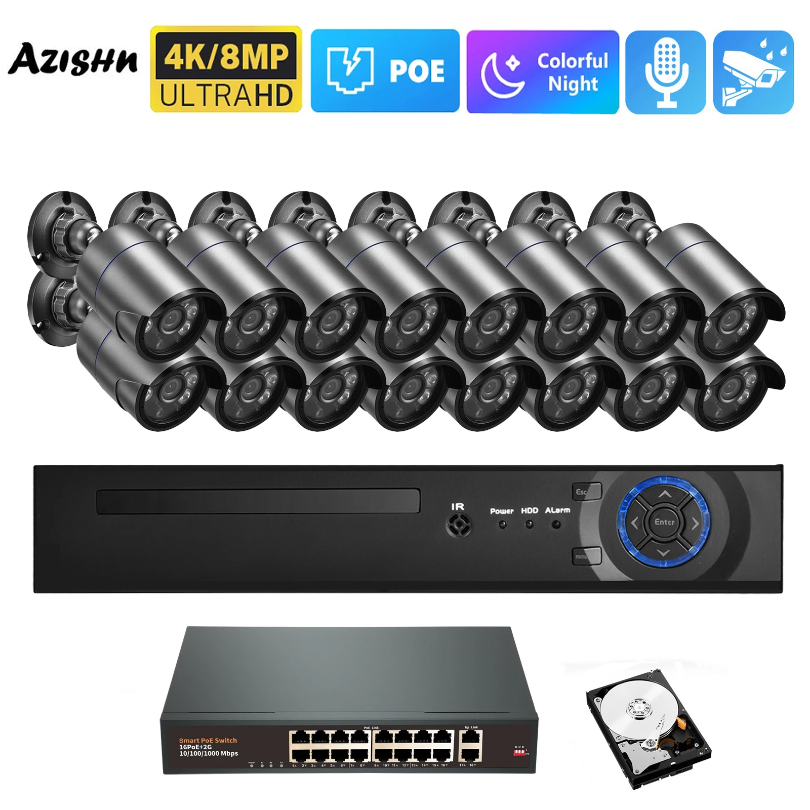 울트라 HD 4K H.265 16채널 8MP POE 카메라 시스템 풀컬러 야간 투시 인체 감지 4MP 오디오 지원 실외 보안 감시 세트