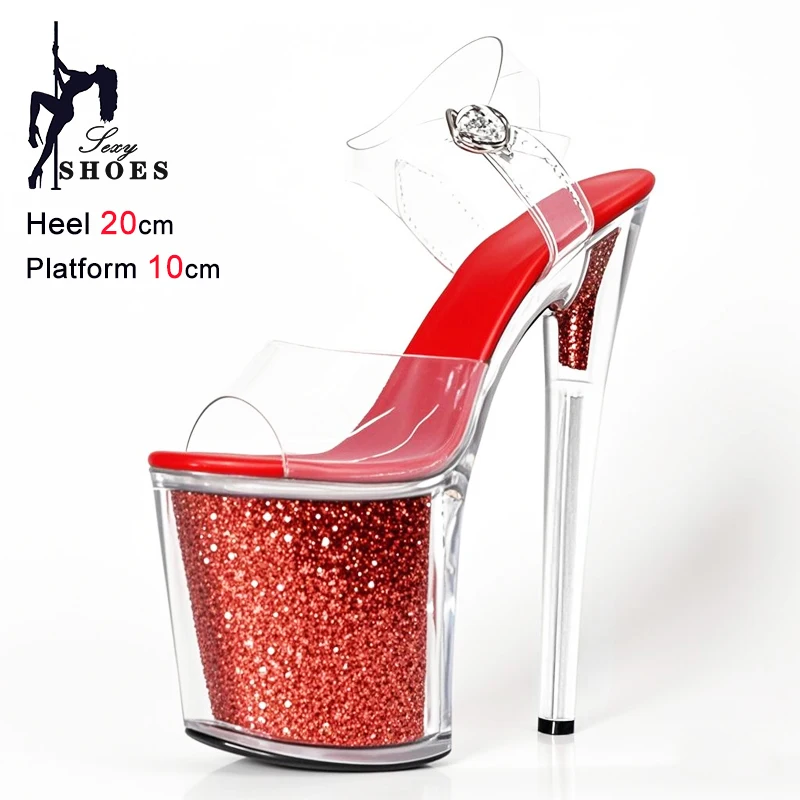 2025 New High-heeled 20cm/8inch Sandals Women Training Sexy Transparent Red  Sequins Heels 8inch Nightclub Pole Dancing Sandals