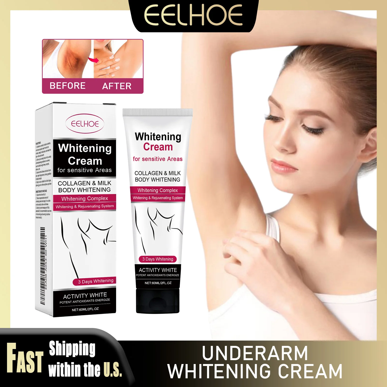 EELHOE 60ml Underarm Whitening Cream Dark Skin Improve Melanin Pigmentation Bleaching Brighten For Underarms Knees Elbows Care