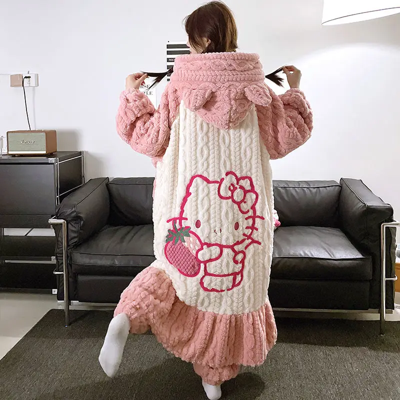 

Kawaii Hello Kitty Pajama Anime Cartoon Sanrio Female Coral Fleece Thickened Hellokitty Dressing Gown Student Long Dressing Gown