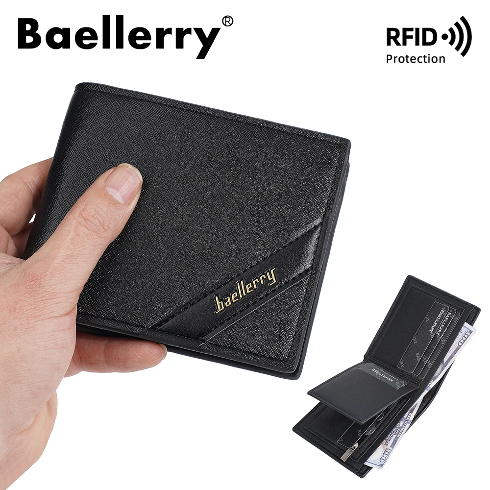 Baellerry Men's RFID Blocking Wallet Short Bifold, Premium Anti-Skimming Leather Card Holder with Zippered Coin Pocket, Secure M