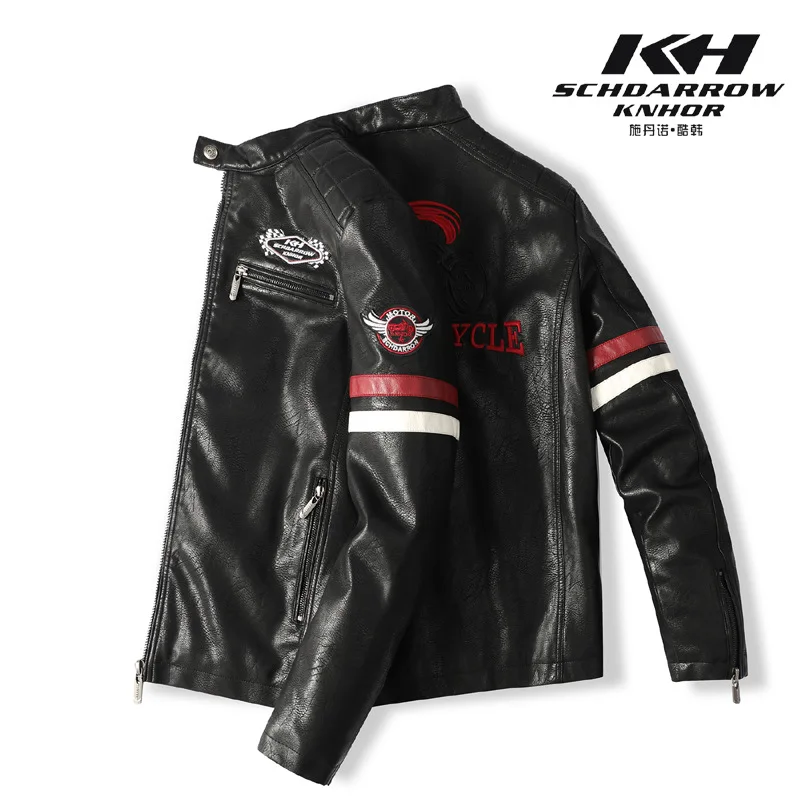 Men's Autumn and Winter Motorcycle Racing Leather Coat Embroidered Color Matching Motorcycle Jacket Thin Single Layer Men's Coat