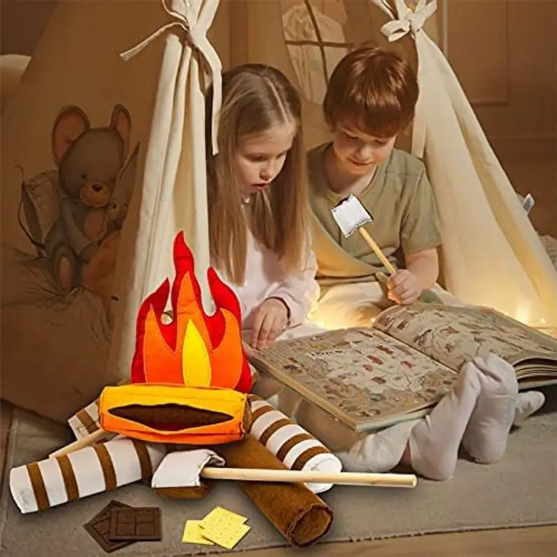 Play Campfire Sets For Kids 15pcs Pretend Play Camping Toy Kids Plush Felt Play Campfire Playset Safe Fake Fire Wood Stones Toys 4