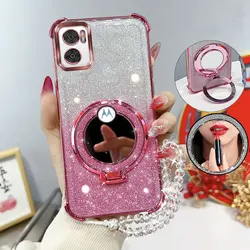 Glitter Shockproof Phone Case with Mirror Stand and Beaded Strap - Moto E22i (Pink)