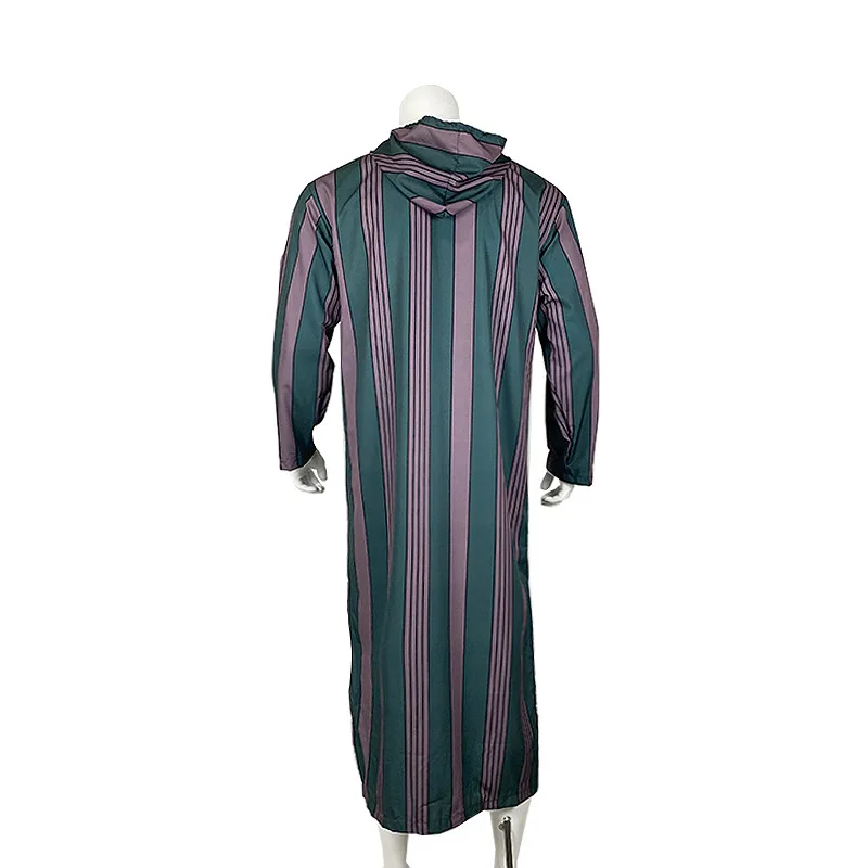 2023 Men\'s Islamic Arabian Patchwork Striped Hooded Zipper Muslim Robe Autumn Streetwear Casual Loose Arabian Islamic Robe
